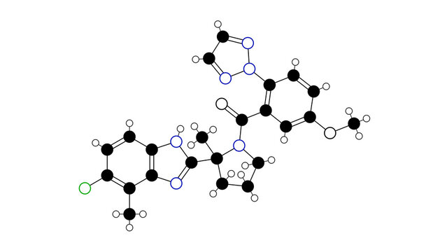 daridorexant molecule, structural chemical formula, ball-and-stick model, isolated image orexin antagonist