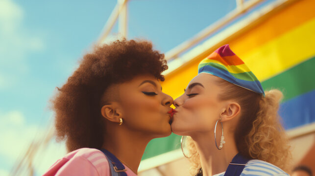 Diverse group of young people celebrating gay pride festival day - Lgbt community concept with two girls kissing outdoors - Multiracial trendy friends standing on a yellow background