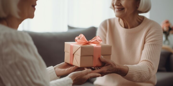 Closeup On Hands. Elderly Woman Giving A Gift Box To Elderly Or Old Woman For Birthday, Christmas And New Year On White Background. Family Lifestyle, Mother Day, Holiday Celebration, Generative Ai