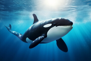 Obraz premium Killer whale in the deep blue ocean. 3d rendering.