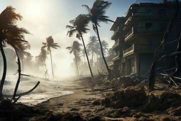 Destroyed buildings by the coast because hurricane devastation