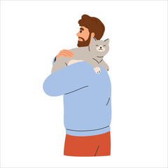 Cute happy cat lying on guy shoulder. Man caring about lovely adorable kitty.