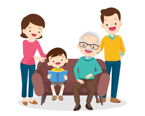 family and grandparents listening to children reading book 3