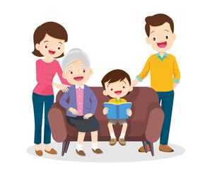 family and grandparents listening to children reading book