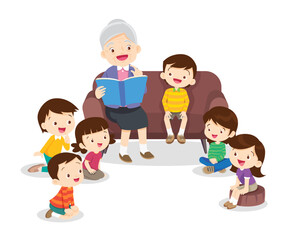 children listen dad mom grandparents reading book on sofa