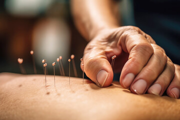 Close-up acupuncture procedure. Alternative medicine - obrazy, fototapety, plakaty