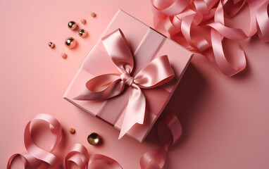 Pink gift box with pink ribbon and pearls on a pink background, Generative AI