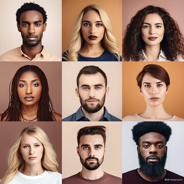 Photo collage of multiracial people portraits. Generative AI.