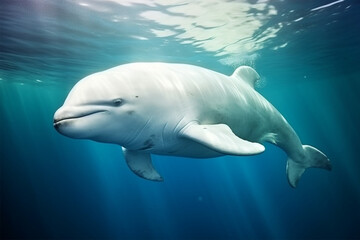 White whale swimming in the blue sea. Underwater photography. 3d rendering