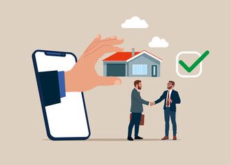 Purchase and pick real estate house. Through the smartphone. Safe property purchase deal, transaction security. Vector illustration
