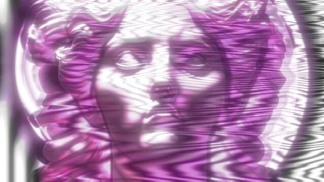 A fierce greek statue head of a female warrior or goddess, seen with magnetic distortion (waves). Vaporwave vibes, zoom out.
