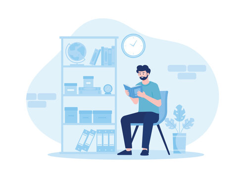 A man read a books all the time at home trending flat illustration
