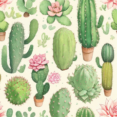 Seamless vector illustration of cactus and succulent pattern. Cactus garden