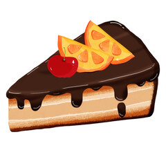 Chocolate cake decorated with cherries and orange slices.