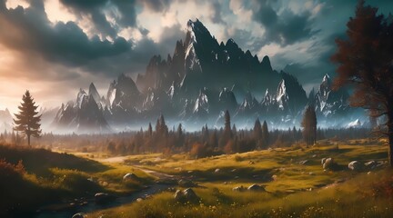 classic fantasy land, illustration of natural landscape, epic and gloomie landscape, impressive landscape of mountains, by generative ai