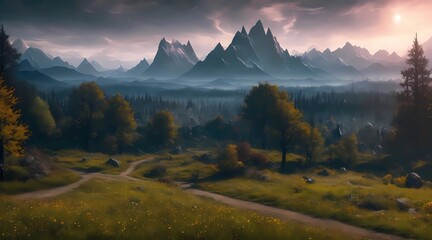 impressive landscape of mountains, epic and gloomie landscape, illustration of natural landscape, classic fantasy land, by generative ai