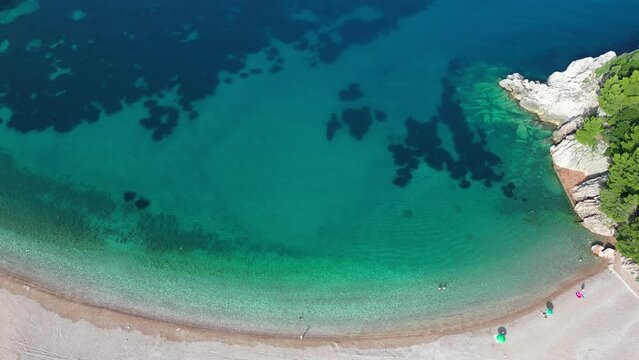 Beautiful Milocer beach. Summer. Montenegro. Drone. Adriatic sea and beautiful aerial view of Milocer beach and Sveti Stefan coast.
