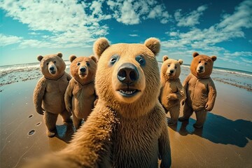 Group of bears on the beach at sunset