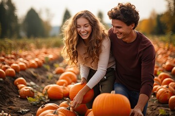 Happy young couple in pumpkin patch field - obrazy, fototapety, plakaty