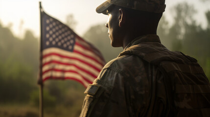 An American soldier with an American flag in his hand looks out into the clear weather for Day of Remembrance or July 4, Day of Remembrance - obrazy, fototapety, plakaty