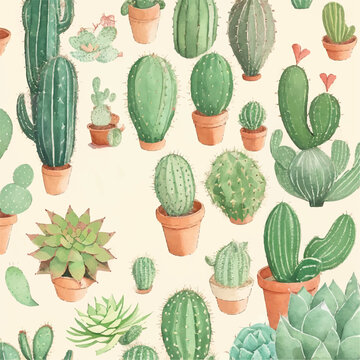 Seamless pattern of cactus and succulents in vector design. Southwest serenity