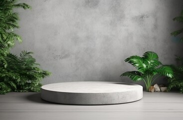 Empty concrete podium with green tropical plants and gray wall background. 3d stage showcase, beauty skincare technology products display.