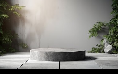 Fototapeta premium 3d rendering scene with Empty concrete podium, stones and tropical plants background. Sunlight on s Gray wall. Stage showcase, beauty skincare technology products display.