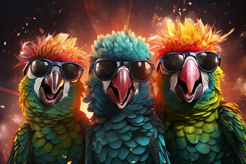 3 crazy funky fr&ouml;hliche Papageien mit Sonnenbrillen und Konfetti in Partystimmung. Generative Ai