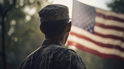 An American soldier with an American flag in his hand looks out into the clear weather for Day of Remembrance or July 4, Day of Remembrance - obrazy, fototapety, plakaty