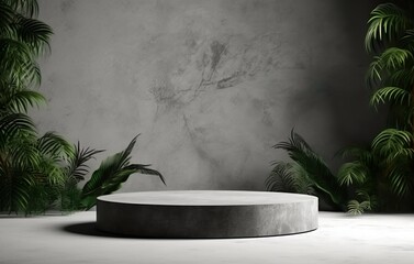 Empty concrete texture podium with tropical plants background. Gringe gray wall. 3d stage showcase, beauty skincare technology products display.