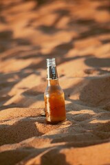 Bottle of beer buried in the sand on a sunny beach