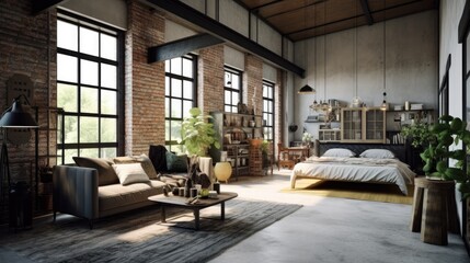 Fototapeta na wymiar Masculine style attic apartment with natural sunlight, simple clean minimalist style walls and furnishings, generative AI