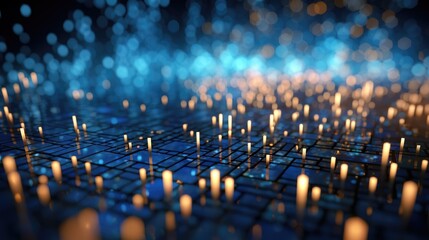 Fototapeta premium Abstract technology background with a cyber network grid and connected particles. Artificial neurons, global data connections - Generative AI