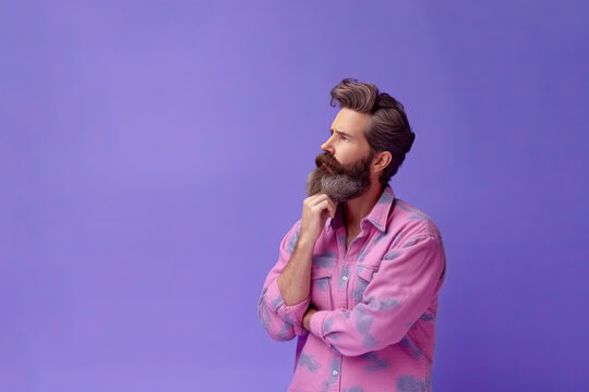Thoughtful bearded man with mustache in pink shirt touches his chin on purple background, created with Generative AI