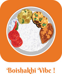 Boishakhi Platter with plain rice, fish fry, smash potato, Sauteed eggplant, sliced tomato, sliced onion, and green chilli