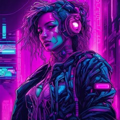 neon punk person with headphones listening music