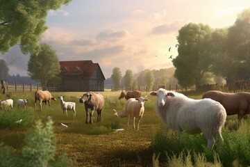 A detailed illustration of a group of farm animals, such as cows or sheep, in a picturesque and peaceful rural environment, Generative AI