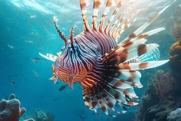 Naklejka na ściany i meble Lionfish swimming in the deep blue waters of the Red Sea.