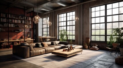 Fototapeta na wymiar Masculine style attic apartment with natural sunlight, simple clean minimalist style walls and furnishings, generative AI