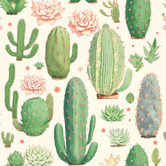 Seamless pattern of cactus and succulents in vector artwork. Prickly paradise