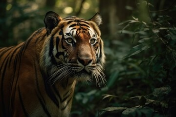 Obraz premium Curious tiger walking through the rainforest, wilderness, jungle animal, generated by AI