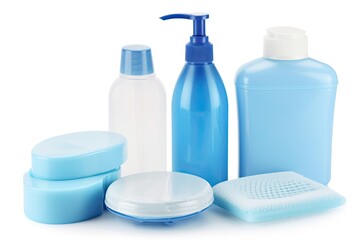 Set of blue bottles for hygiene isolated on white background.