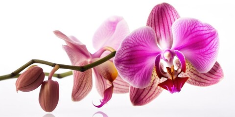 Pink blooming orchid branch on a white background.