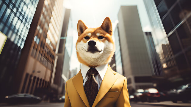 Shiba Inu SHIB Dogecoin Doge business man crypto. AI generated