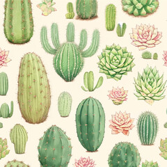 Seamless cactus and succulent pattern in vector illustration. Desert oasis