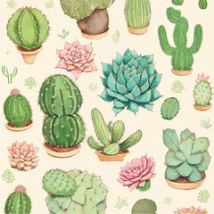 Seamless pattern of botanical cacti and succulents in vector illustration. Prickly botanicals