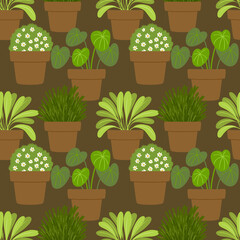 Houseplant seamless pattern on brown background. Botanical garden wallpaper. 