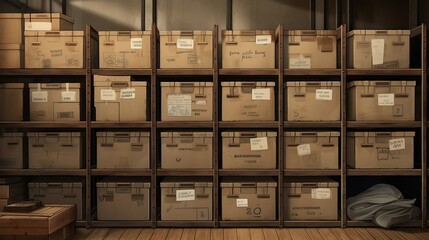 Organized Storage Unit Filled with Labeled Boxes made with Generative AI