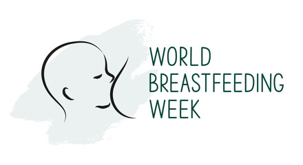 World Breastfeeding Week banner. Silhouette of baby and female breast in line art style on white. 