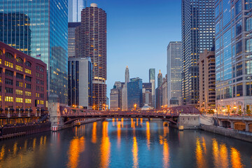 Fototapeta premium Cityscape image of Chicago downtown during twilight blue hour.